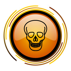 Skull sign vector icon. Modern design round orange button isolated on white square background for web and application designers in eps10.