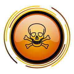 Skull sign vector icon. Modern design round orange button isolated on white square background for web and application designers in eps10.