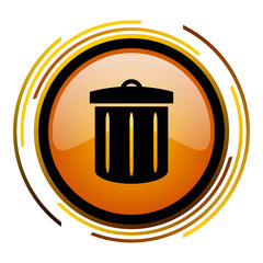 Trash can sign vector icon. Modern design round orange button isolated on white square background for web and application designers in eps10.