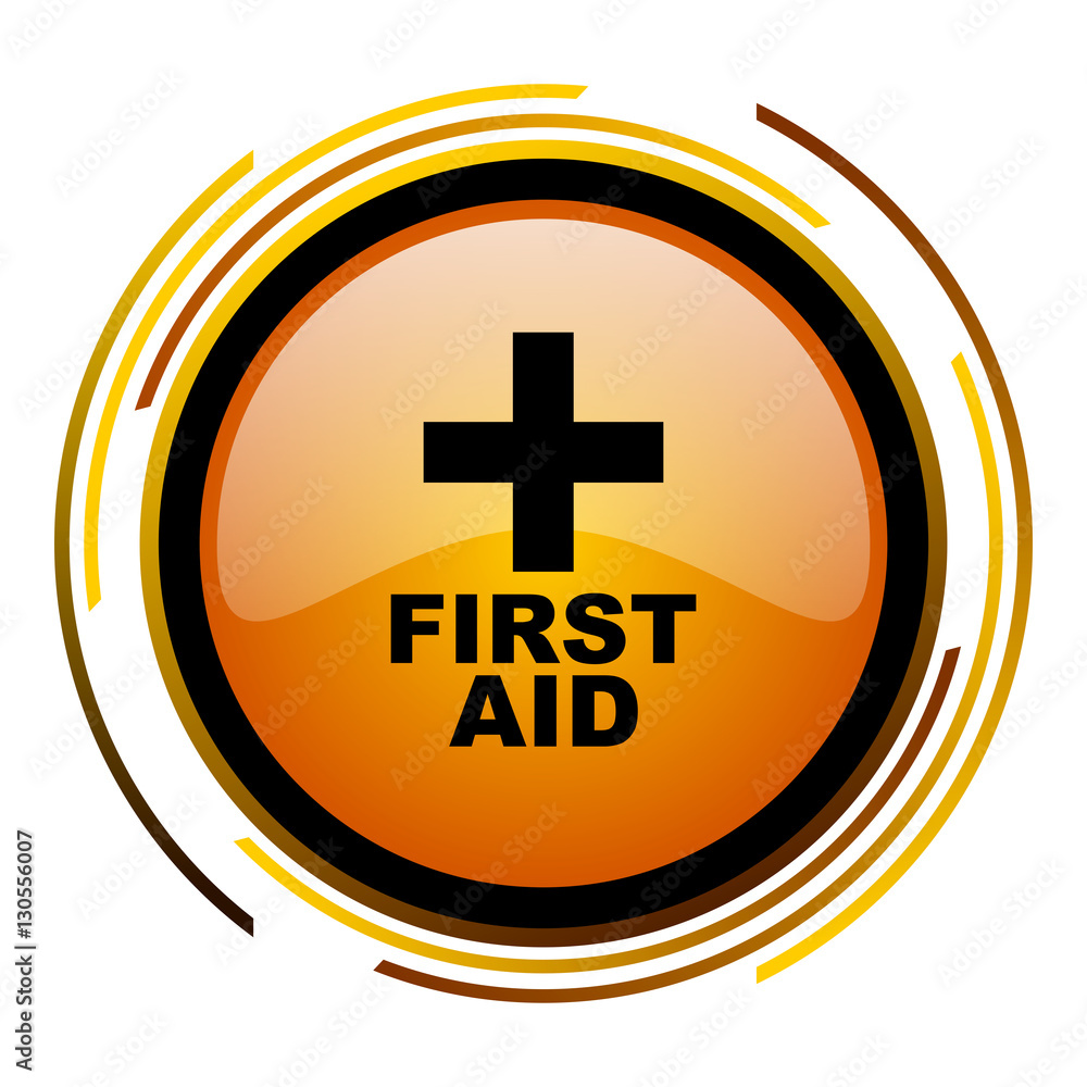 Poster First aid sign vector icon. Modern design round orange button isolated on white square background for web and application designers in eps10.