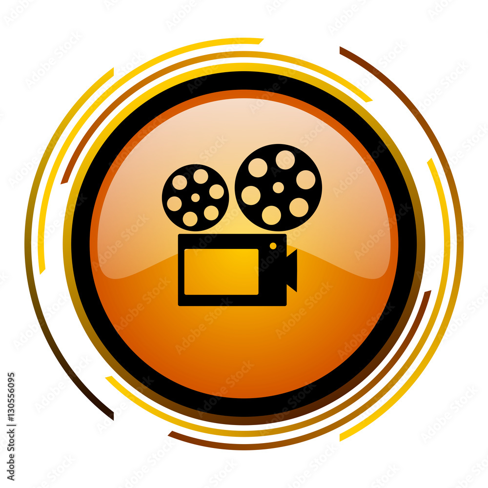 Poster Cinema video sign vector icon. Modern design round orange button isolated on white square background for web and application designers in eps10.