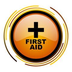 First aid sign vector icon. Modern design round orange button isolated on white square background for web and application designers in eps10.