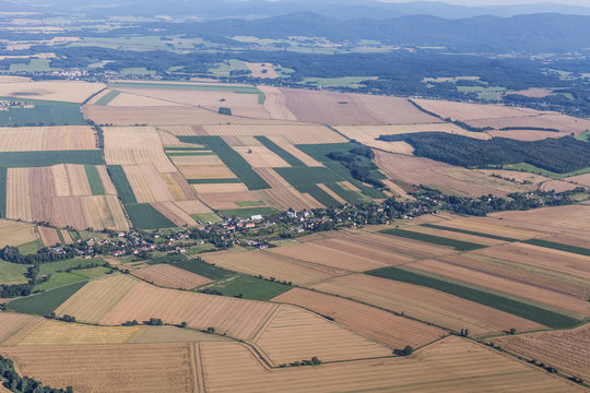 aerial view of green harvest fields near Jasienica village