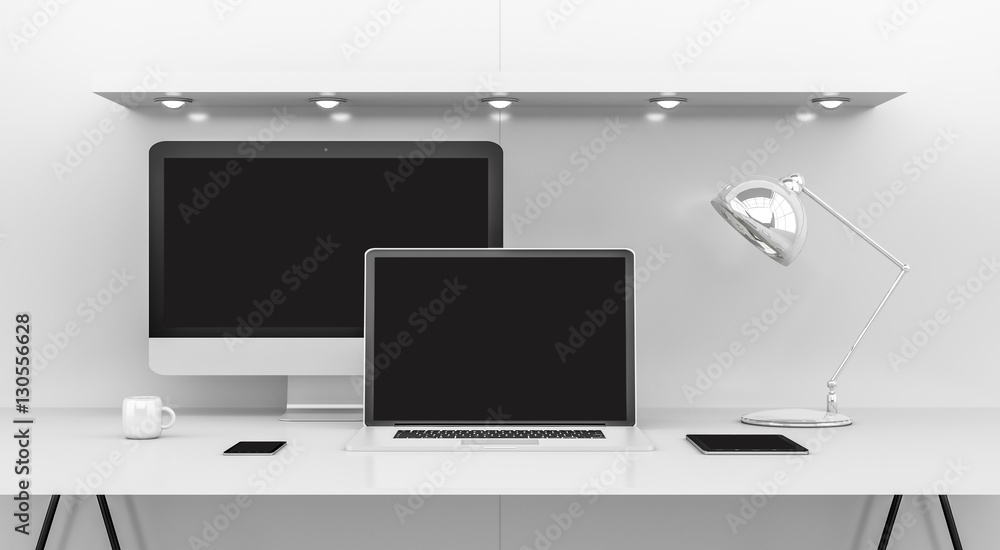 Poster modern white desk interior with computer and devices 3d renderin