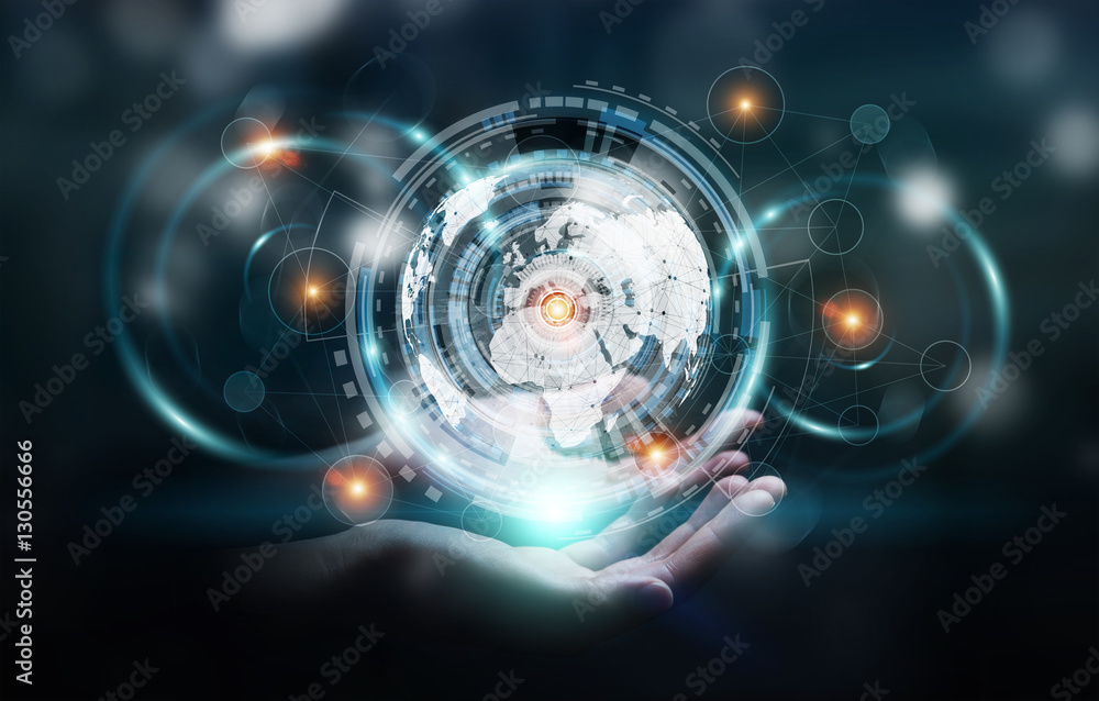 Poster businessman using hologram screen with digital data