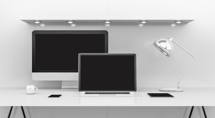 Modern white desk interior with computer and devices 3D renderin