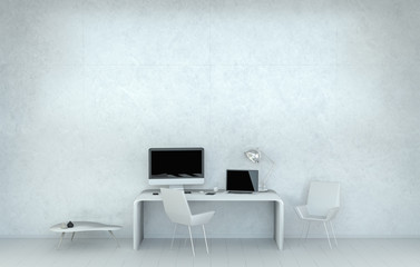 Modern white desk office interior with computer and devices 3D r