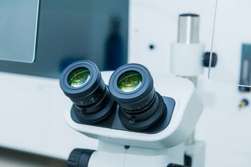Close up Laboratory microscope eyepieces