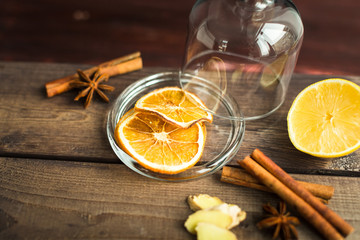 assortment of spices: cinnamon, orange, ginger