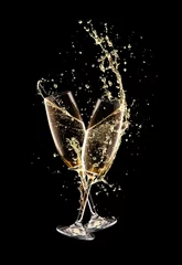 Gordijnen Two glasses of champagne over black background © Jag_cz