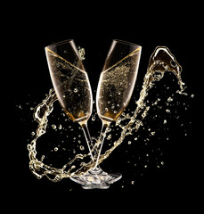 Two glasses of champagne over black background