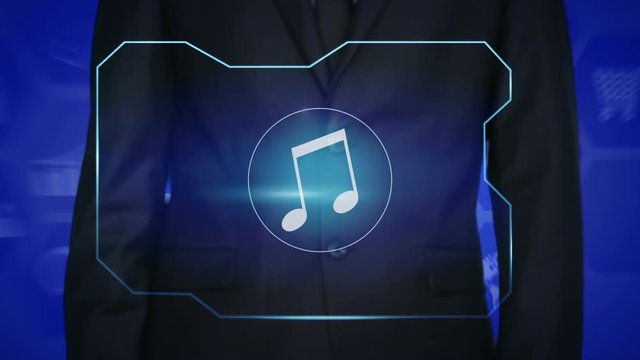 businessman pressing Music application button on virtual screens