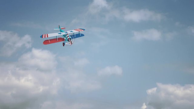 Biplane from World War with colors of flag of United States. Model aircraft propeller with two wings. Old retro aircraft designed in red, white and blue. Animated flying biplane with cloudy sky.