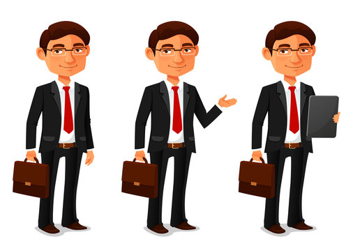 Young Cartoon Businessman In Black Suit