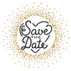 Save the Date invite greeting card vector template with modern calligraphy and golden splash on white background. Handwritten lettering. Hand drawn typography design elements, eps 10.