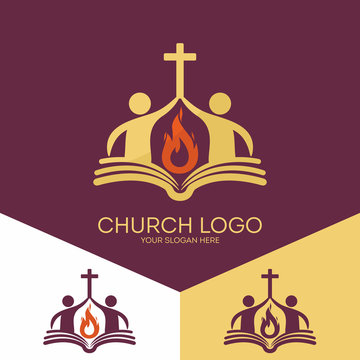 Church logo. Christian symbols. The church is based on the biblical basis and the flame of the Holy Spirit, the worship of God.