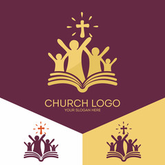 Church logo. Christian symbols. Church of God, faithful to the Lord Jesus Christ. Bible - the foundation of faith. - obrazy, fototapety, plakaty