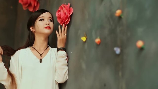 Vietnamese young brunette girl with long hair posing against the wall with artificial roses. Hanoi.