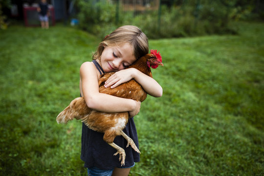 Smiling girl holding hen while standing in yard