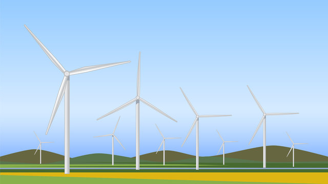 Wind turbines generating electricity, alternative energy, vector image.
