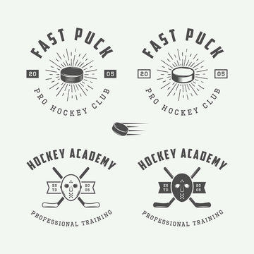 Set of vintage hockey emblems, logos, badges, labels 