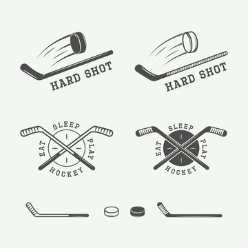 Set of vintage hockey emblems, logos, badges, labels 