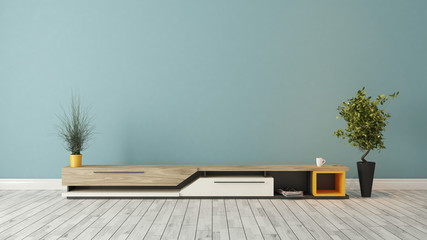 modern tv stand with blue wall design