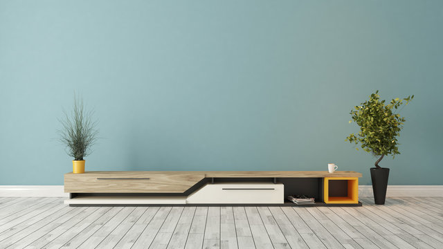 Modern Tv Stand With Blue Wall Design