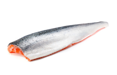 Fresh raw salmon fillet with scale isolated on white
