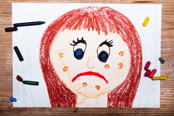 colorful drawing: sad young woman with acne