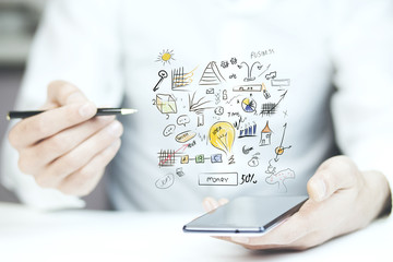 man hand phone with business concepts