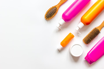 cosmetics for women haircare in bottle white background top view