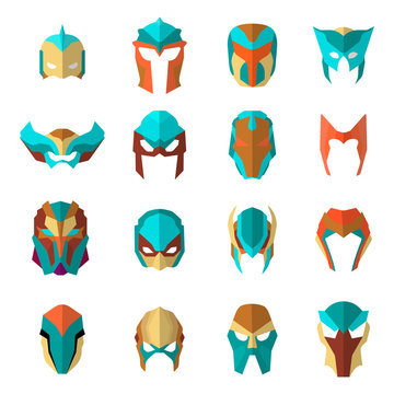 Set of super hero masks in flat style. Big collection cartoon superhero. Vector