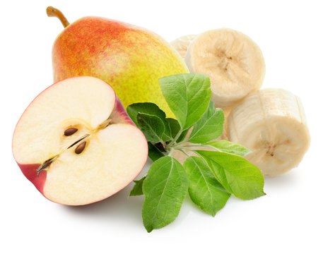 Apple, Pear And Banana Slices Isolated On The White Background