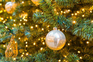 Fototapeta na wymiar golden toy on the Christmas tree branch.