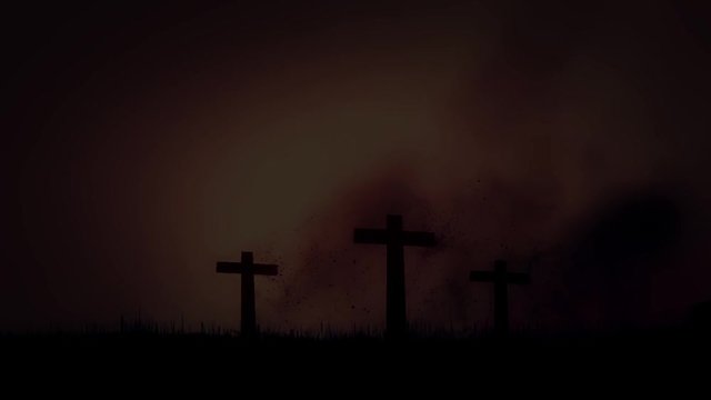 Scary Wooden Crosses Burning on a Spooky Lightning Storm