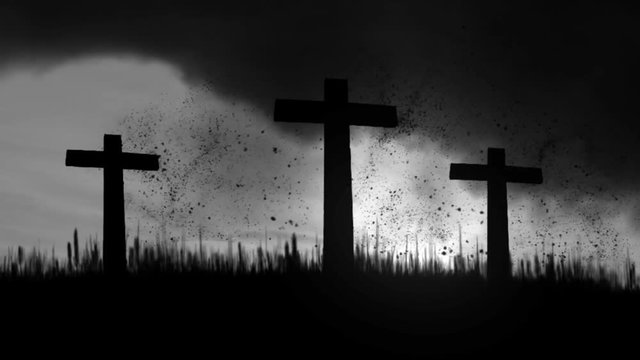 3 Wooden Crosses Burning on a Dark Sky Background