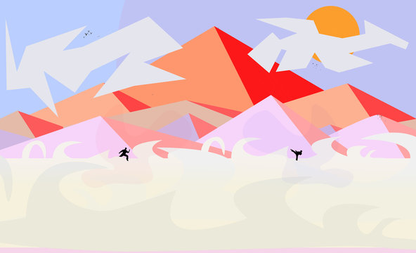 Two Men Fighting Between Mountains - Illustration