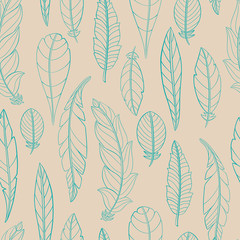 Seamless pattern of hand-drawn and colored feathers.