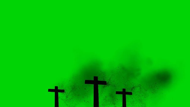 3 Wooden Crosses Burning On A Green Screen Background