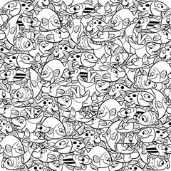 Seamless pattern with cartoon fish black outline on a white background 