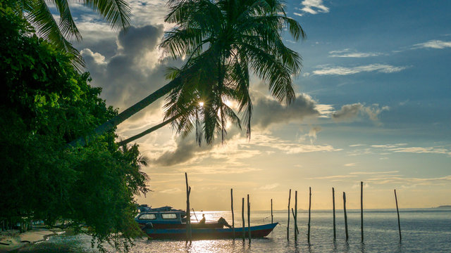 Evening on Kri Island. Boats under Palmtrees. Raja Ampat, Indonesia, West Papua