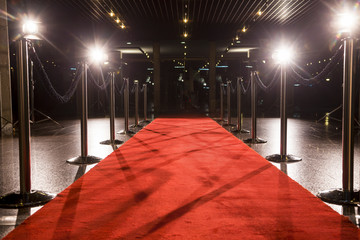 Long red carpet between rope barriers on entrance. - obrazy, fototapety, plakaty