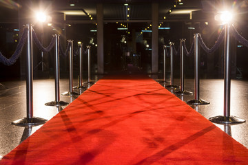 Long red carpet between rope barriers on entrance.