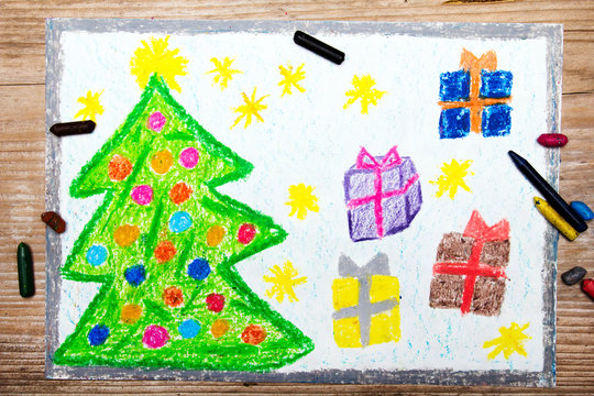 colorful drawing: Christmas tree and gifts