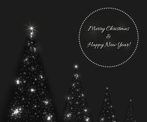 Vector Christmas and New Year background with shining Christmas tree in dark black and grey colors. Fir-tree created from lights and stars.