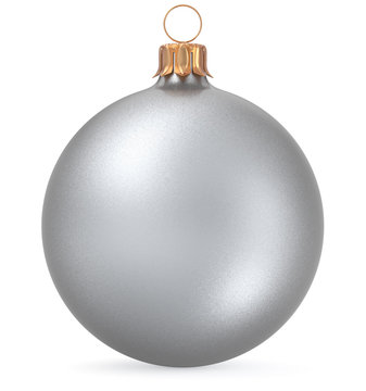 Christmas ball silver white New Year's Eve decoration wintertime hanging sphere adornment souvenir bauble. Traditional ornament happy winter holiday Merry Xmas symbol closeup. 3d illustration isolated
