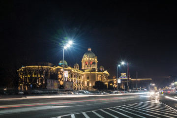 Belgrade, Serbia - December 11, 2016:  Parliament of the Republic of Serbia in Belgrade at night. The building of the National Assembly, originally the House of Commons, began to be built in 1907.