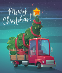 Christmas Holiday card. Cartoon red truck with christmas tree. Retro truck carries christmas tree. Greeting card with fairy tale truck. Vector illustration