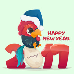 Funny Rooster illustration for the new year 2017. Little rooster sitting on egg. Happy New Year text. Symbol of 2017 on the Chinese calendar.